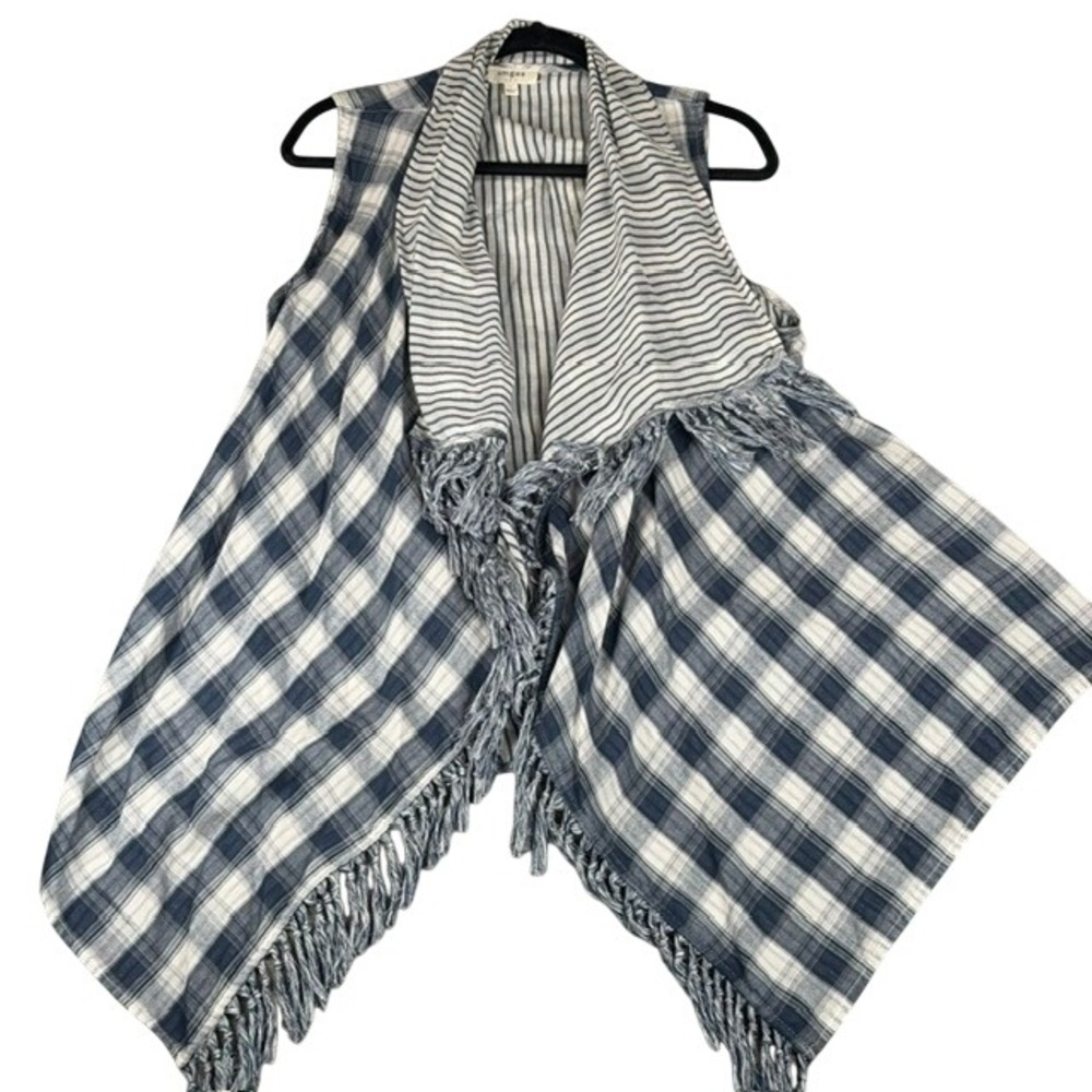 Umgee USA Womens Large Blue Plaid Striped Fringe Waterfall Open Front Vest Coast